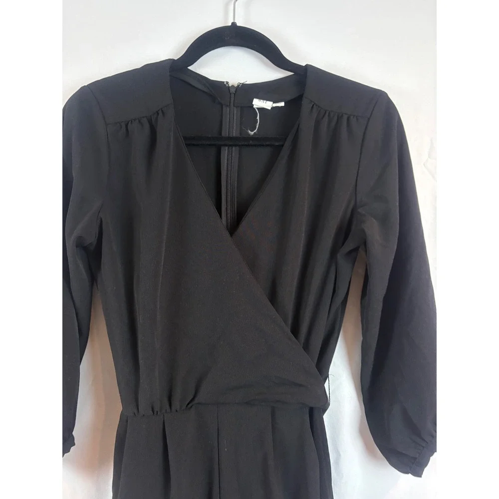 Black Wrap‎ V-Neck Jumpsuit 3/4 Sleeve Wide Leg Belted One-Piece Romper